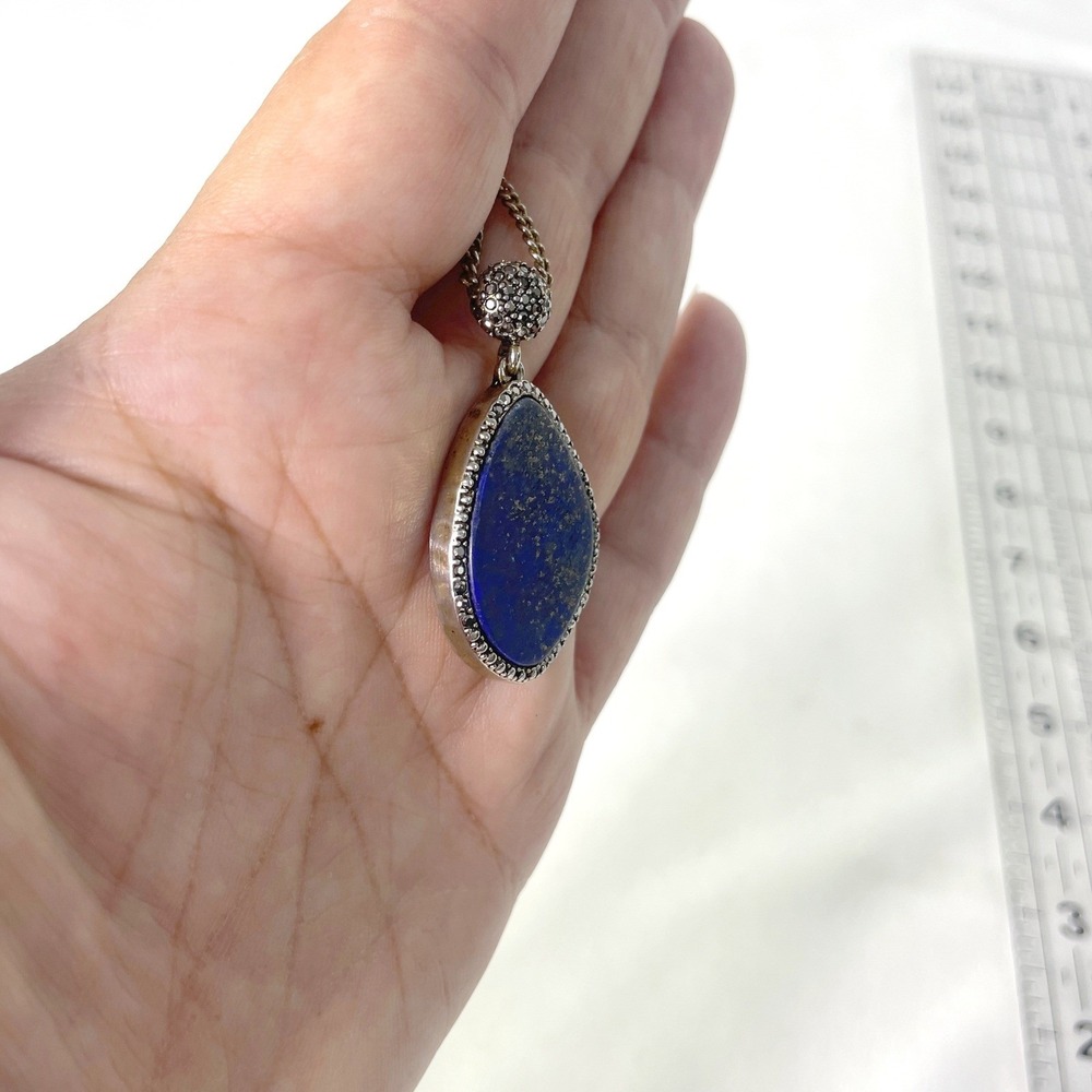 Vintage Lapis Lazuli Teardrop Pendant Necklace Long Chain Blue Gold Fleck Boho - Picture 16 of 16